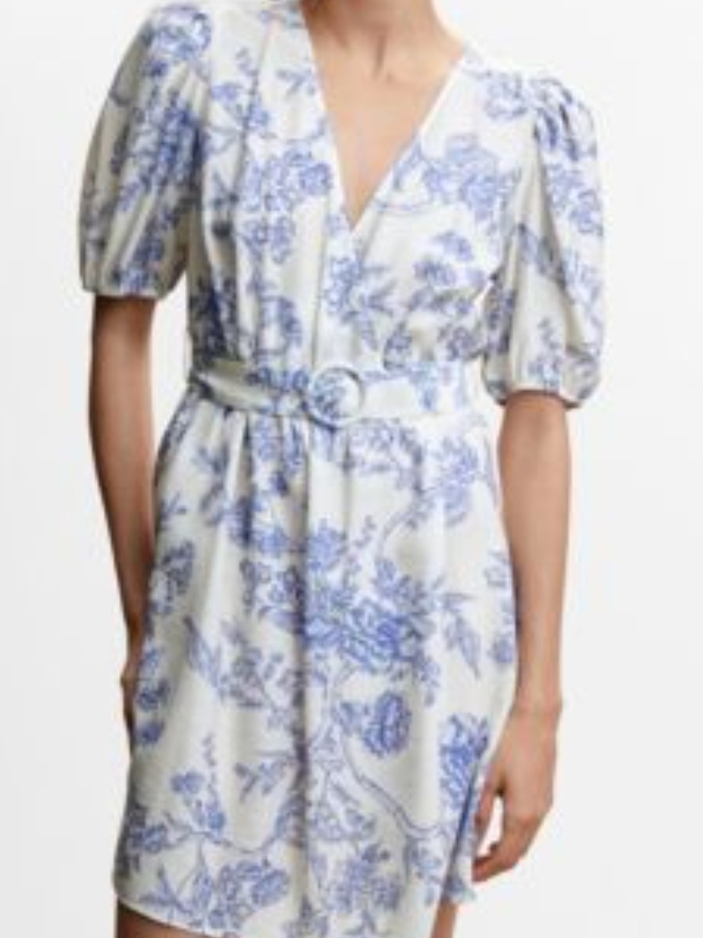 MNG Mango Jaen Women's Size 0 Blue Floral Toile V-Neck Puff Sleeve Mini Dress